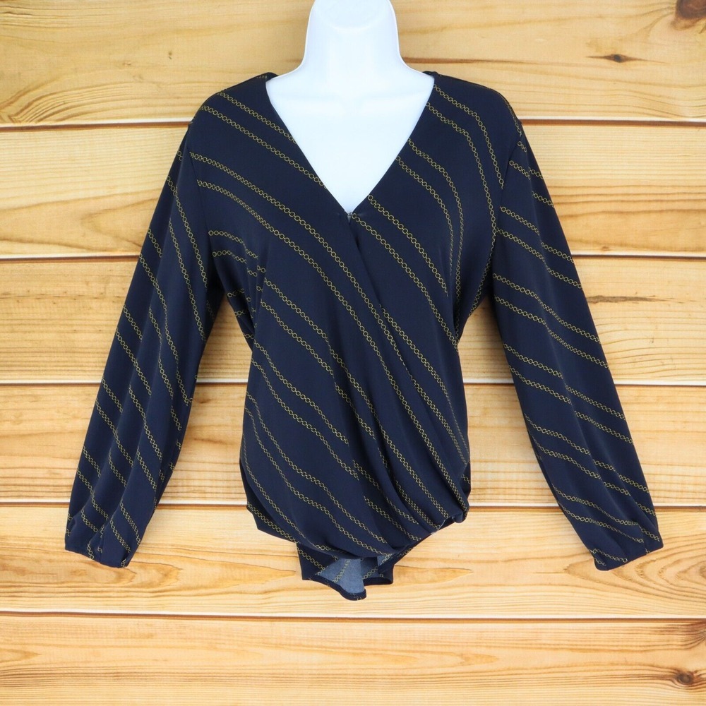 Banana Republic Blouse Crossover V-Neck Womens S Navy Blue Gold Chain Stripes‎
